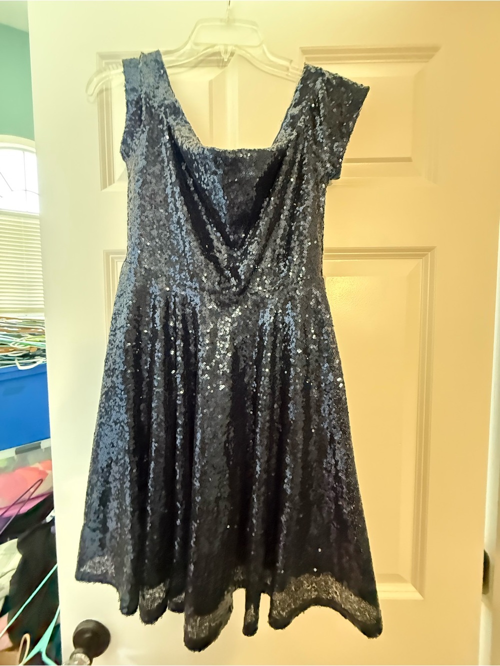 Lulus Dazzle Darling Navy Blue Sequin Off-the-Shoulder and Skater Dress.